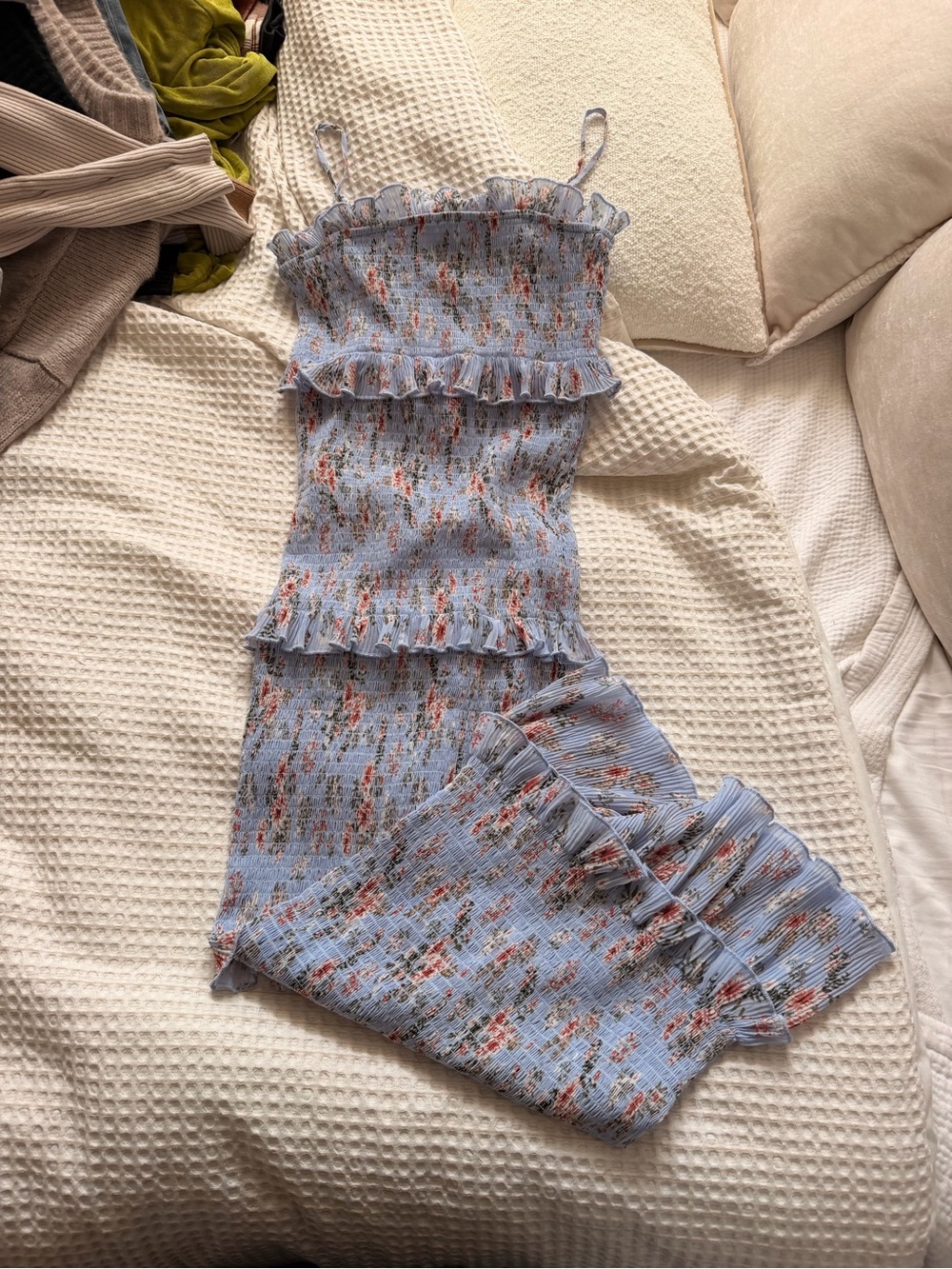 Smocked Floral Ruffle Maxi Dress - Light Blue Floral